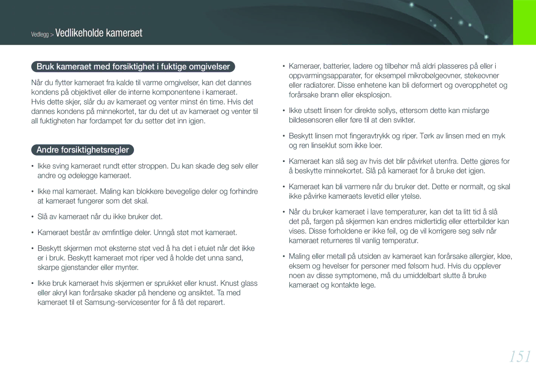 Samsung EV-NX1000BABDK, EV-NX1000BFWDK 151, Bruk kameraet med forsiktighet i fuktige omgivelser, Andre forsiktighetsregler 
