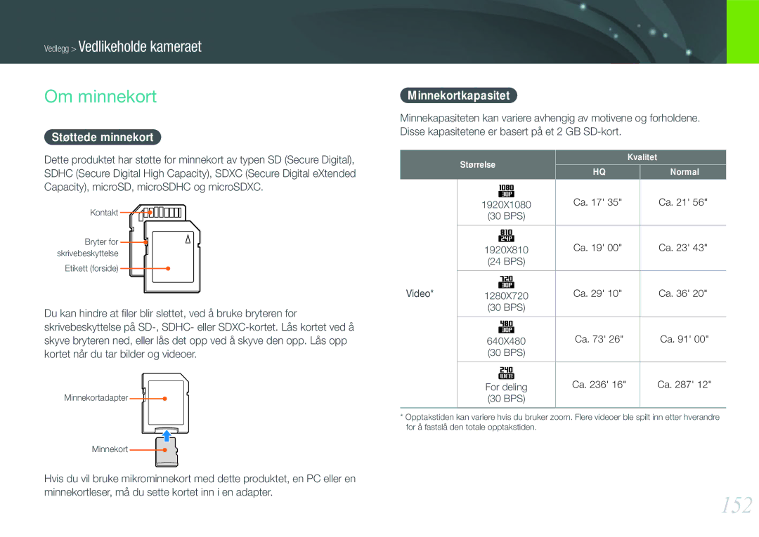 Samsung EV-NX1000BFWDK, EV-NX1000BABDK, EV-NX1000BABSE manual 152, Om minnekort, Støttede minnekort, Minnekortkapasitet 