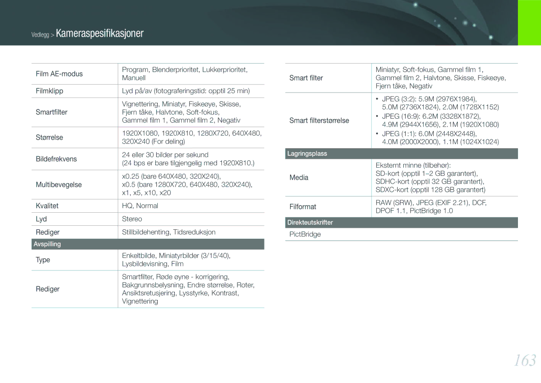 Samsung EV-NX1000BABDK, EV-NX1000BFWDK, EV-NX1000BABSE, EV-NX1000BFWSE manual 163 