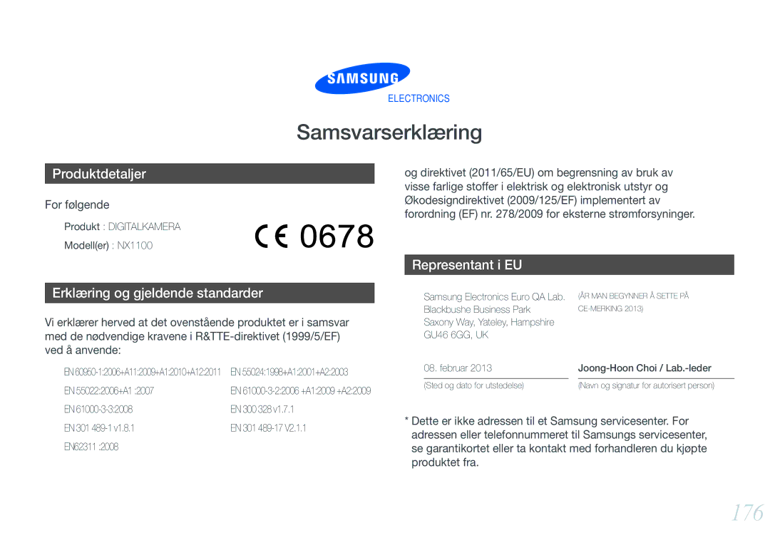 Samsung EV-NX1000BFWDK, EV-NX1000BABDK manual 176, Produkt Digitalkamera Modeller NX1100, EN 550222006+A1, EN 300 328 