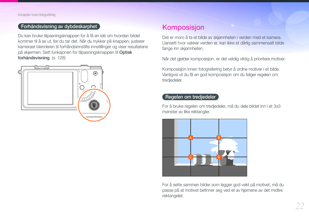 Samsung EV-NX1000BFWSE, EV-NX1000BABDK, EV-NX1000BFWDK manual Forhåndsvisning av dybdeskarphet, Regelen om tredjedeler 