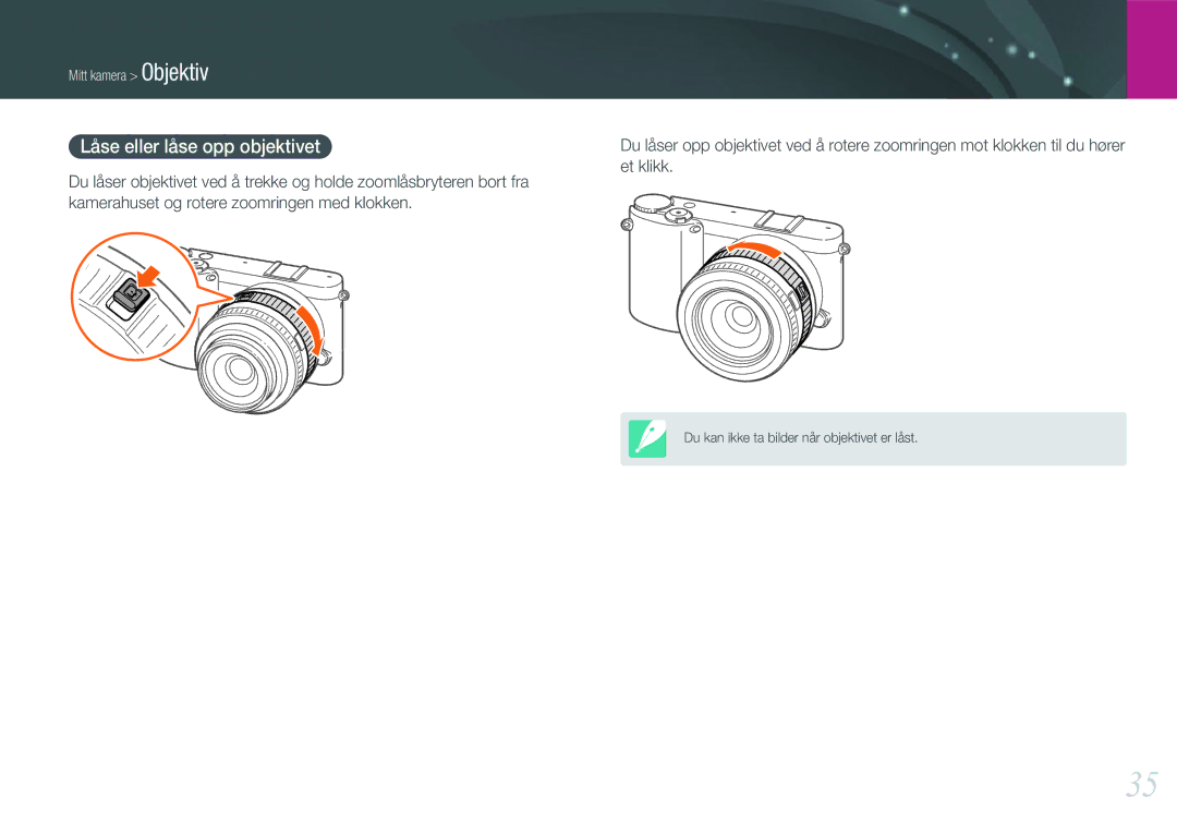 Samsung EV-NX1000BABDK, EV-NX1000BFWDK, EV-NX1000BABSE, EV-NX1000BFWSE manual Låse eller låse opp objektivet 