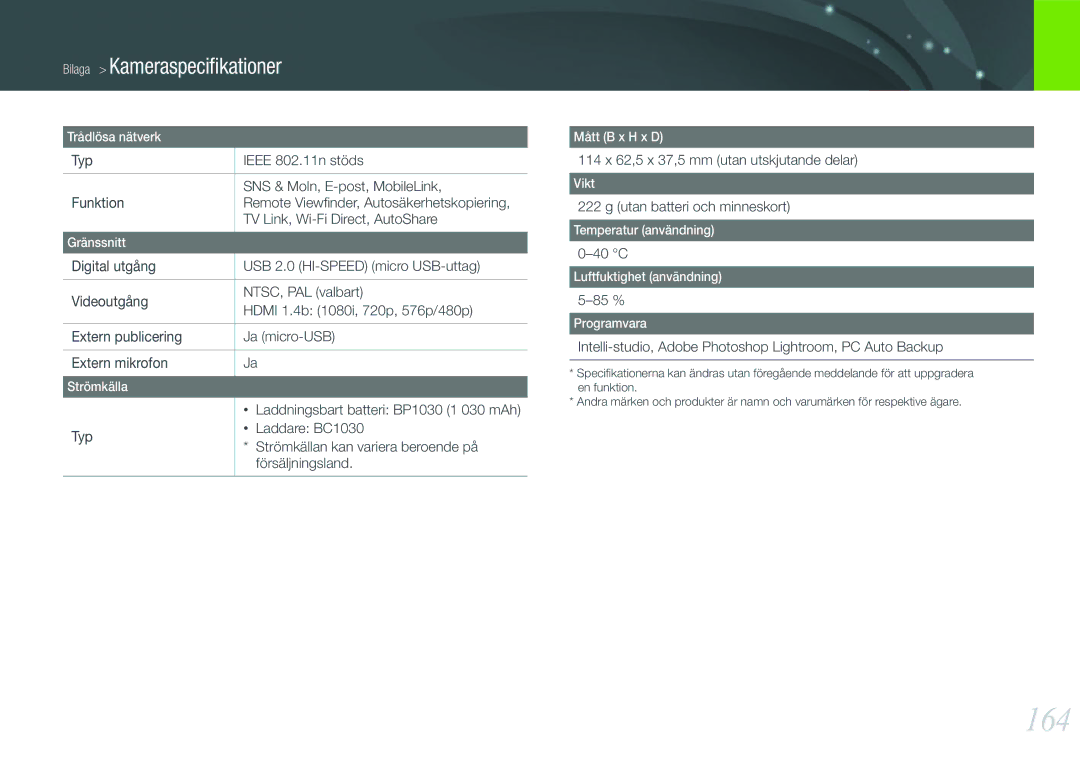 Samsung EV-NX1000BFWDK, EV-NX1000BABDK, EV-NX1000BABSE, EV-NX1000BFWSE manual 164 