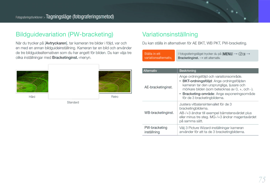 Samsung EV-NX1000BABDK, EV-NX1000BFWDK, EV-NX1000BABSE manual Bildguidevariation PW-bracketing, Variationsinställning 