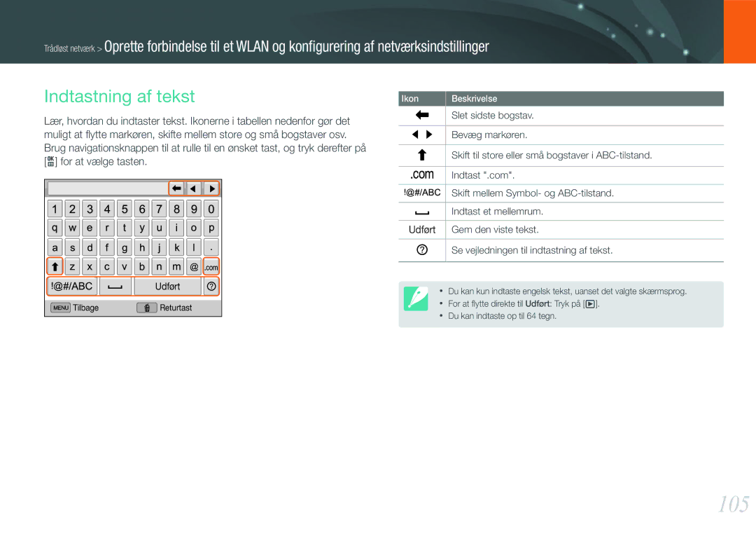 Samsung EV-NX1000BABSE, EV-NX1000BABDK, EV-NX1000BFWDK, EV-NX1000BFWSE manual 105, Indtastning af tekst 