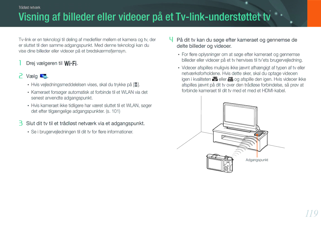 Samsung EV-NX1000BABDK, EV-NX1000BFWDK, EV-NX1000BABSE manual 119, Vise dine billeder eller videoer på et bredskærmsfjernsyn 