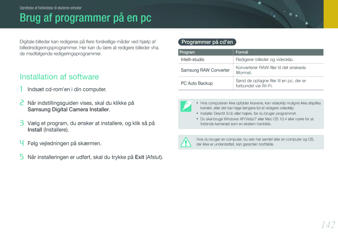 Samsung EV-NX1000BFWSE, EV-NX1000BABDK manual Brug af programmer på en pc, 142, Installation af software, Programmer på cden 