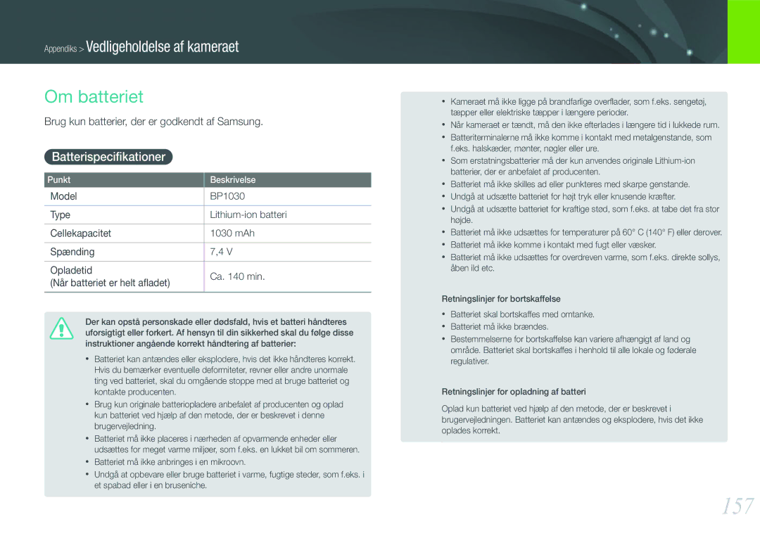 Samsung EV-NX1000BABSE manual 157, Om batteriet, Batterispeciﬁkationer, Brug kun batterier, der er godkendt af Samsung 