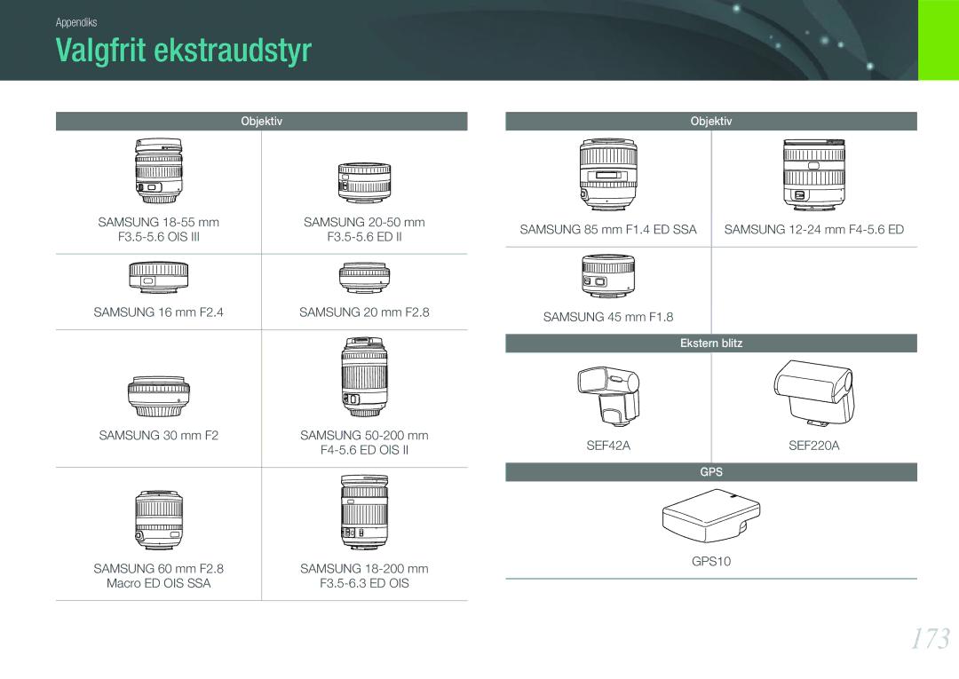 Samsung EV-NX1000BABSE, EV-NX1000BABDK, EV-NX1000BFWDK, EV-NX1000BFWSE manual Valgfrit ekstraudstyr, 173 