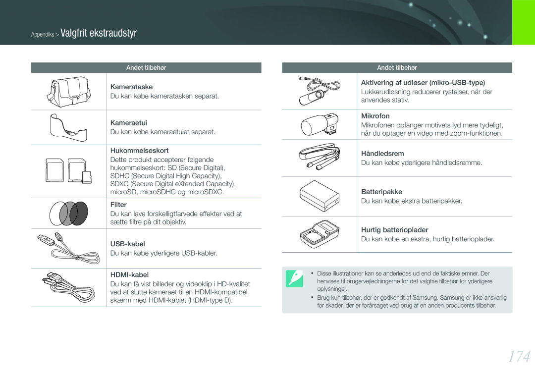 Samsung EV-NX1000BFWSE, EV-NX1000BABDK, EV-NX1000BFWDK, EV-NX1000BABSE manual 174, Appendiks Valgfrit ekstraudstyr 