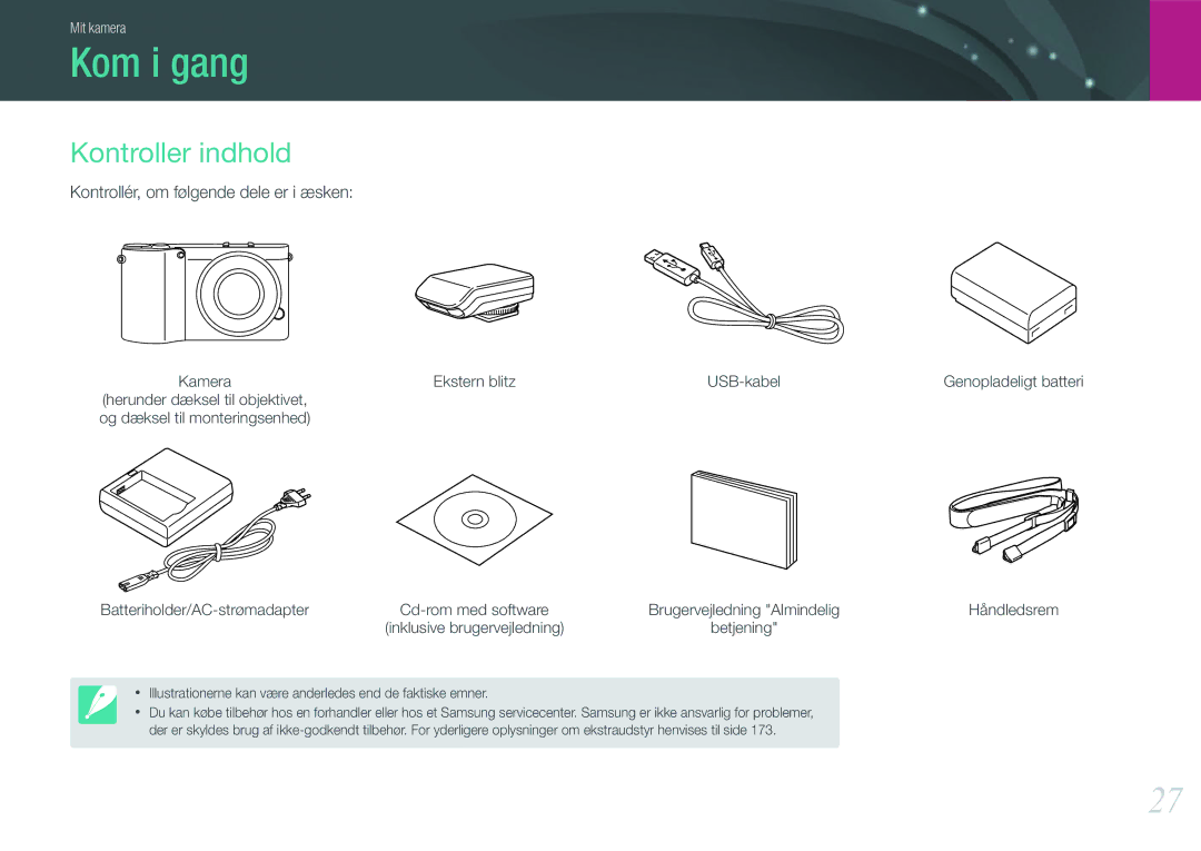 Samsung EV-NX1000BABDK, EV-NX1000BFWDK manual Kom i gang, Kontroller indhold, Kontrollér, om følgende dele er i æsken 