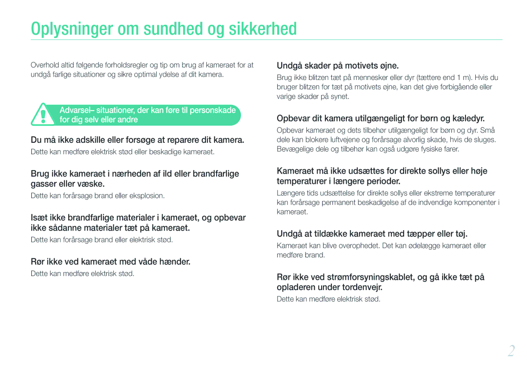 Samsung EV-NX1000BFWSE, EV-NX1000BABDK, EV-NX1000BFWDK, EV-NX1000BABSE manual Oplysninger om sundhed og sikkerhed 