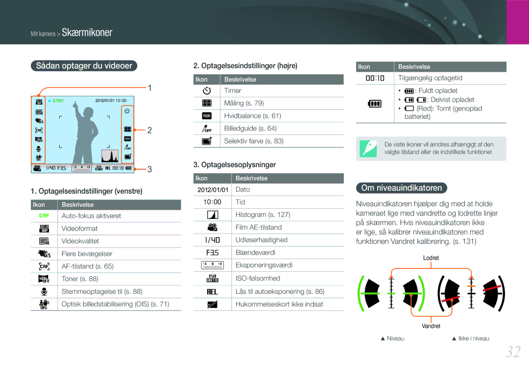 Samsung EV-NX1000BFWDK, EV-NX1000BABDK, EV-NX1000BABSE, EV-NX1000BFWSE manual Sådan optager du videoer, Om niveauindikatoren 