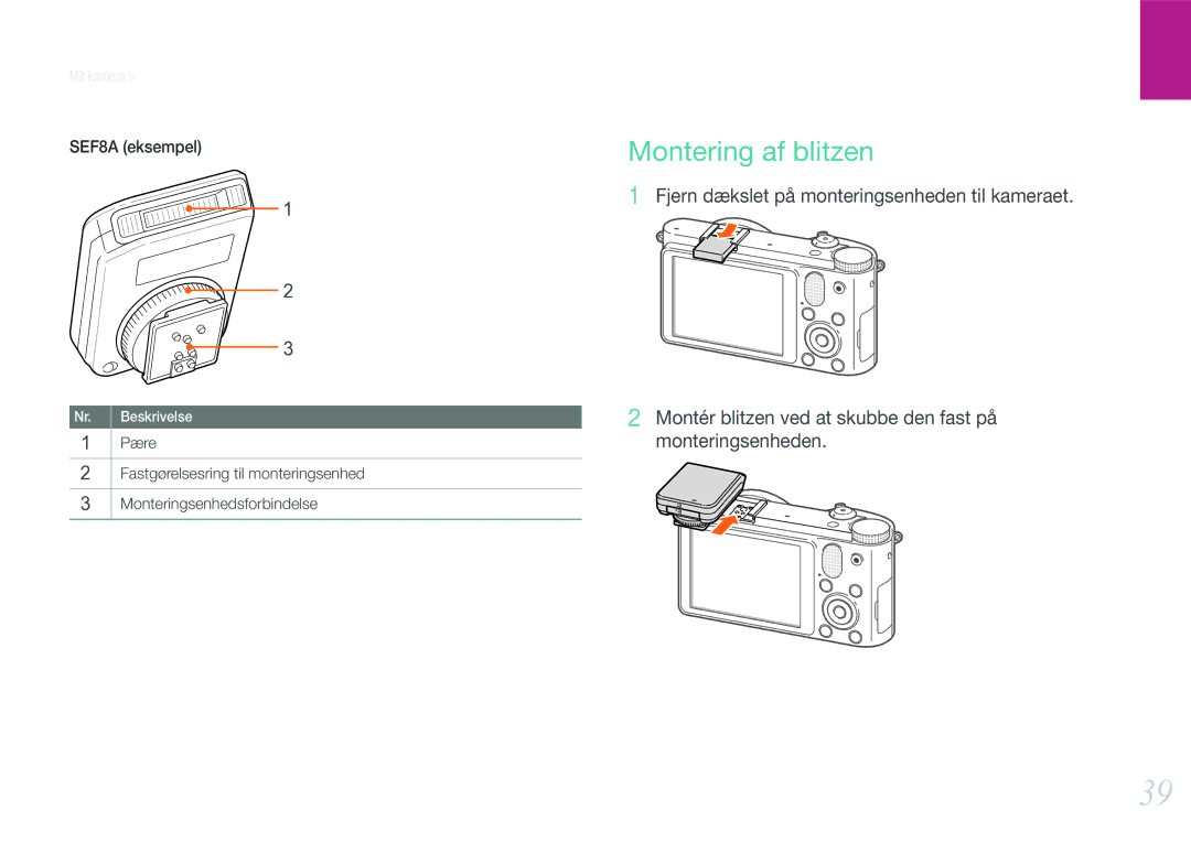 Samsung EV-NX1000BABDK, EV-NX1000BFWDK, EV-NX1000BABSE, EV-NX1000BFWSE manual Montering af blitzen 