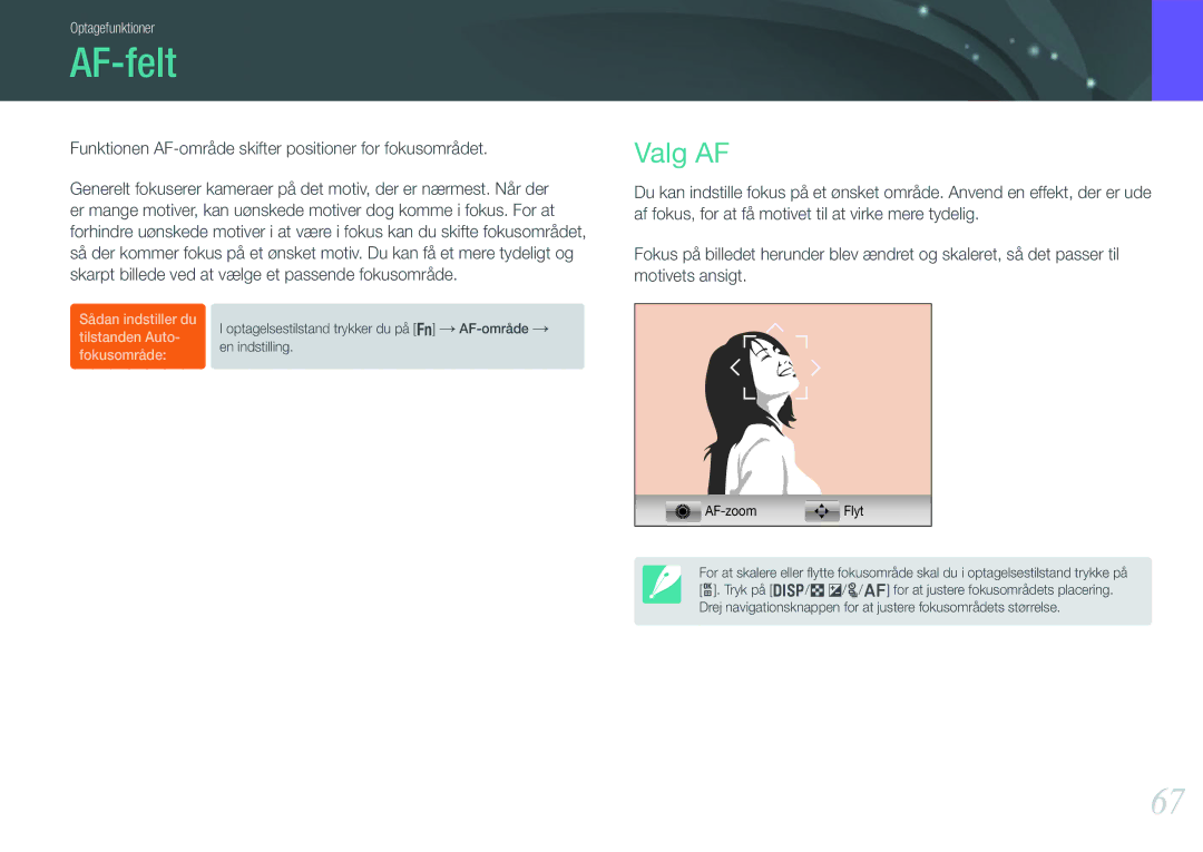 Samsung EV-NX1000BABDK, EV-NX1000BFWDK manual AF-felt, Valg AF, Funktionen AF-område skifter positioner for fokusområdet 