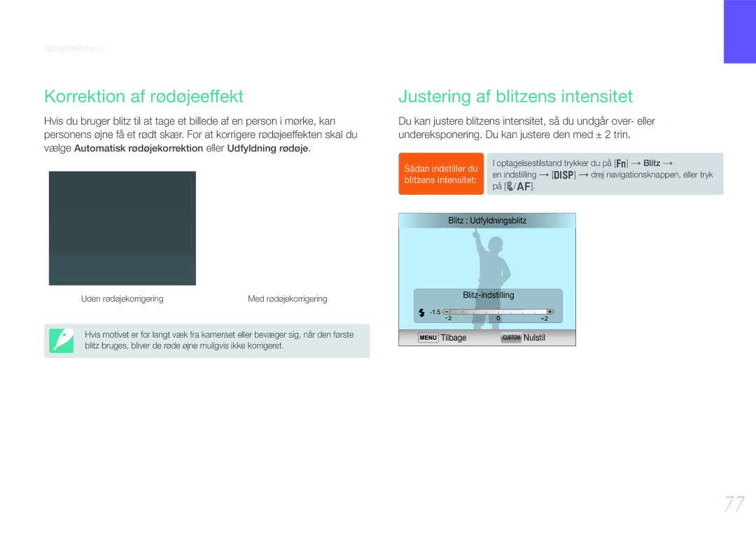 Samsung EV-NX1000BABSE, EV-NX1000BABDK, EV-NX1000BFWDK manual Korrektion af rødøjeeffekt, Justering af blitzens intensitet 