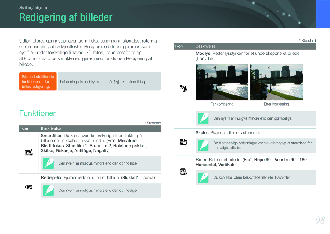 Samsung EV-NX1000BFWSE, EV-NX1000BABDK, EV-NX1000BFWDK, EV-NX1000BABSE manual Redigering af billeder, Funktioner, Billede 