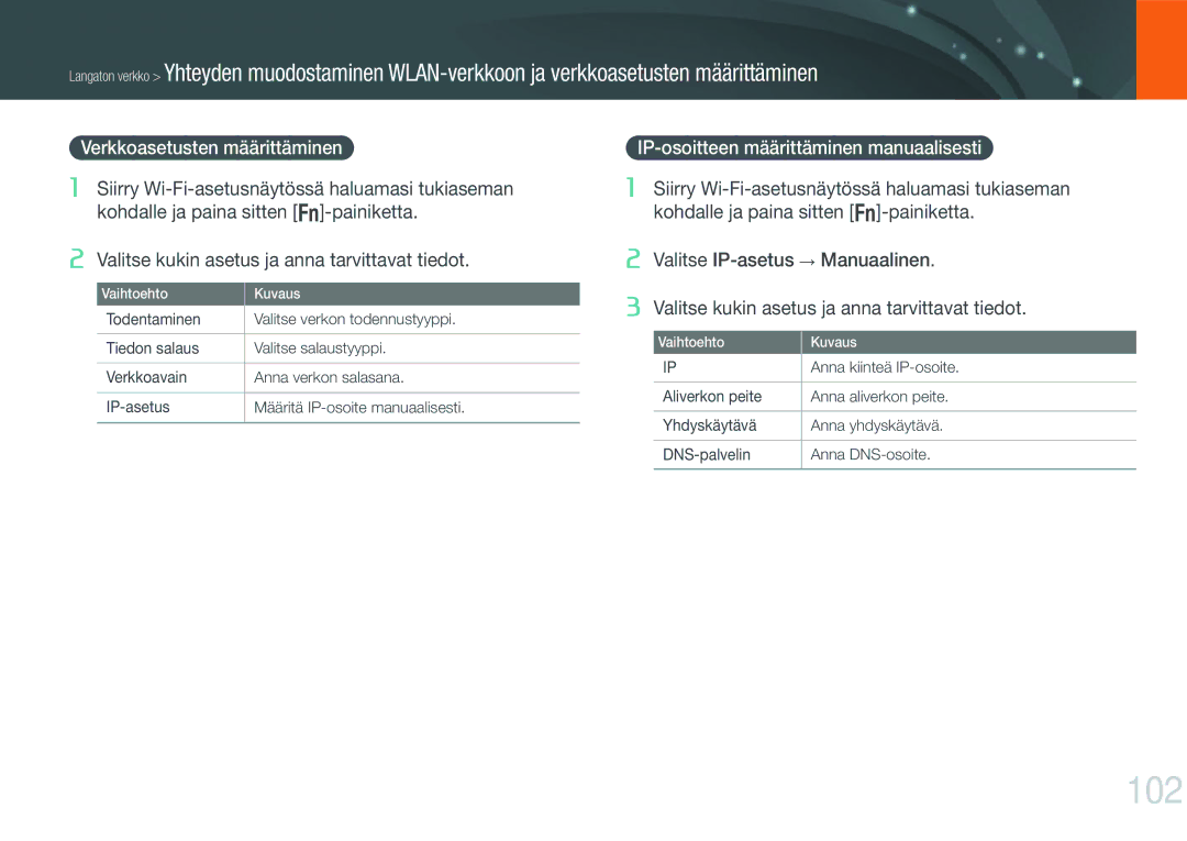 Samsung EV-NX1000BFWSE, EV-NX1000BABDK manual 102, Verkkoasetusten määrittäminen, IP-osoitteen määrittäminen manuaalisesti 