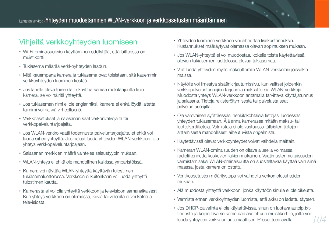 Samsung EV-NX1000BFWDK, EV-NX1000BABDK, EV-NX1000BABSE, EV-NX1000BFWSE manual Vihjeitä verkkoyhteyden luomiseen 