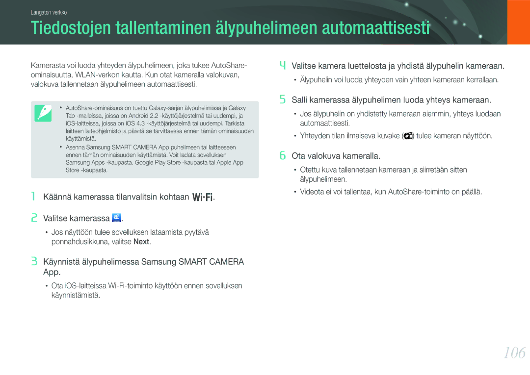 Samsung EV-NX1000BFWSE, EV-NX1000BABDK, EV-NX1000BFWDK manual Tiedostojen tallentaminen älypuhelimeen automaattisesti, 106 