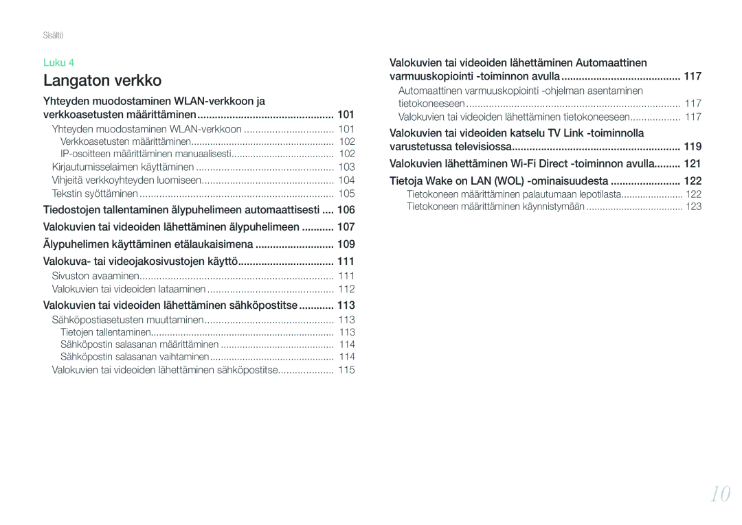 Samsung EV-NX1000BFWSE 101, 103, 104, 105, Tiedostojen tallentaminen älypuhelimeen automaattisesti, 111, 112, 113, 115 