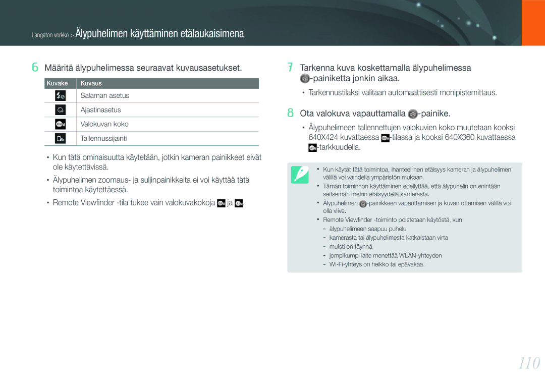 Samsung EV-NX1000BFWSE, EV-NX1000BABDK manual 110, Salaman asetus, Ajastinasetus, Valokuvan koko, Tallennussijainti 