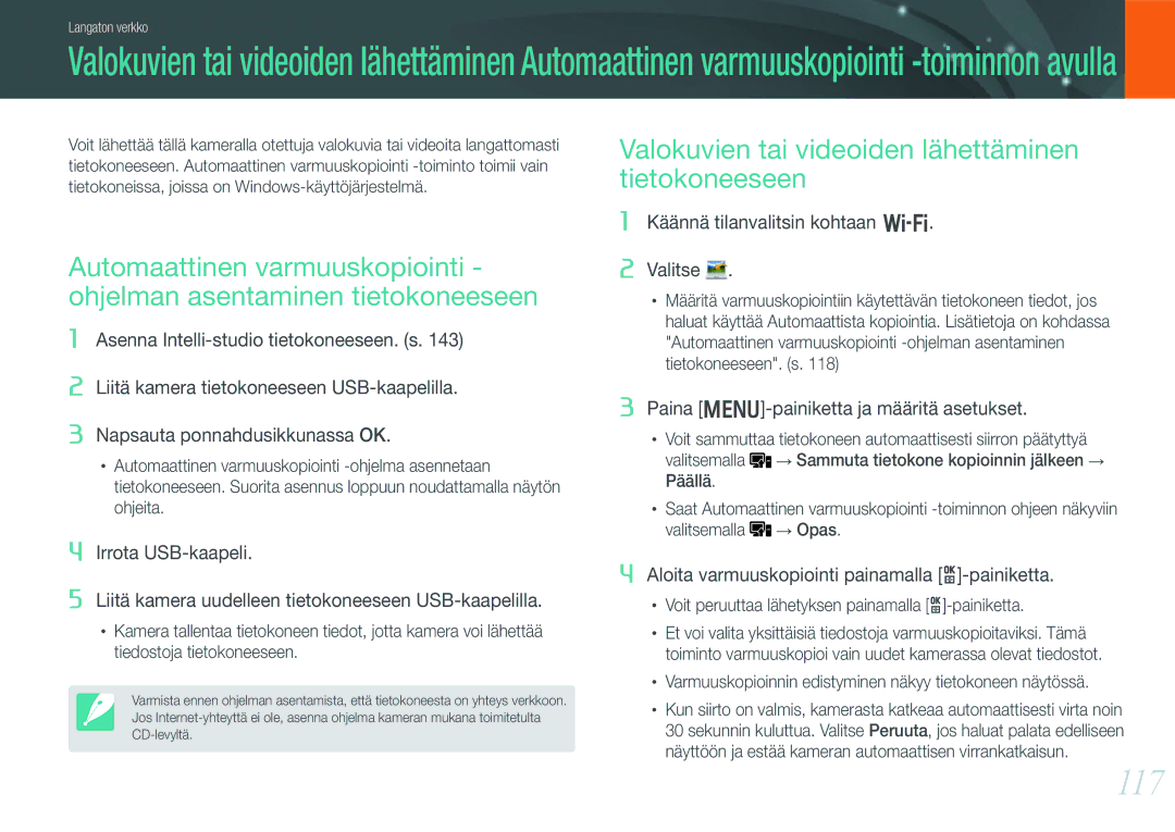 Samsung EV-NX1000BABSE, EV-NX1000BABDK, EV-NX1000BFWDK manual 117, Varmuuskopioinnin edistyminen näkyy tietokoneen näytössä 