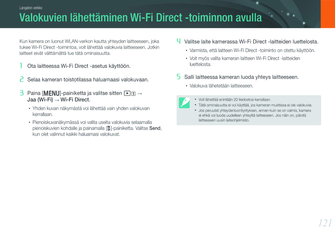 Samsung EV-NX1000BABSE, EV-NX1000BABDK, EV-NX1000BFWDK manual Valokuvien lähettäminen Wi-Fi Direct -toiminnon avulla, 121 