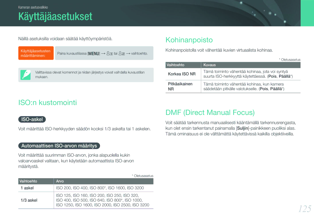 Samsung EV-NX1000BABSE, EV-NX1000BABDK Käyttäjäasetukset, 125, Kohinanpoisto, ISOn kustomointi, DMF Direct Manual Focus 