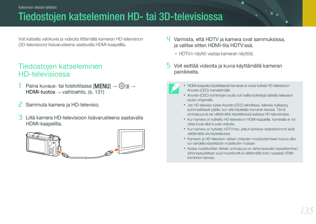 Samsung EV-NX1000BABDK Tiedostojen katseleminen HD- tai 3D-televisiossa, 135, Tiedostojen katseleminen HD-televisiossa 