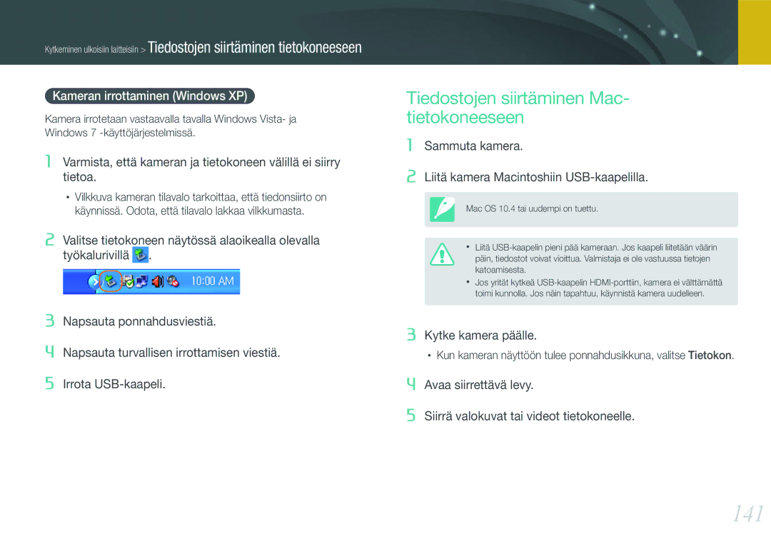 Samsung EV-NX1000BABSE, EV-NX1000BABDK 141, Tiedostojen siirtäminen Mac- tietokoneeseen, Kameran irrottaminen Windows XP 