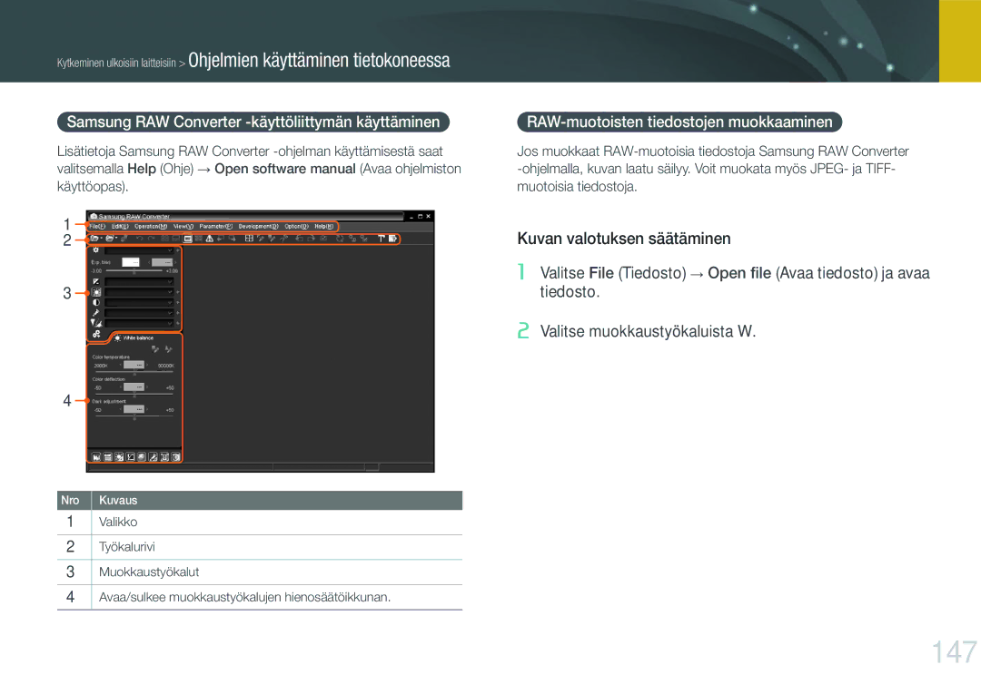 Samsung EV-NX1000BABDK manual 147, Kuvan valotuksen säätäminen, Samsung RAW Converter -käyttöliittymän käyttäminen 