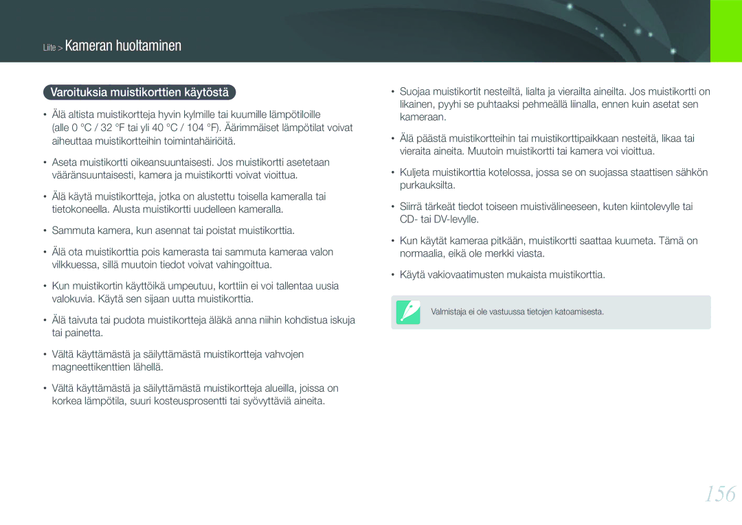 Samsung EV-NX1000BFWDK, EV-NX1000BABDK, EV-NX1000BABSE, EV-NX1000BFWSE manual 156, Varoituksia muistikorttien käytöstä 