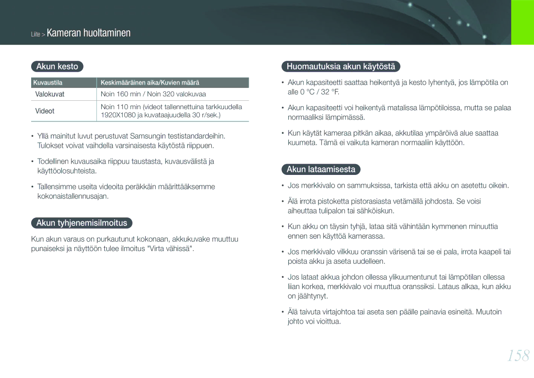 Samsung EV-NX1000BFWSE manual 158, Akun kesto, Akun tyhjenemisilmoitus, Huomautuksia akun käytöstä, Akun lataamisesta 