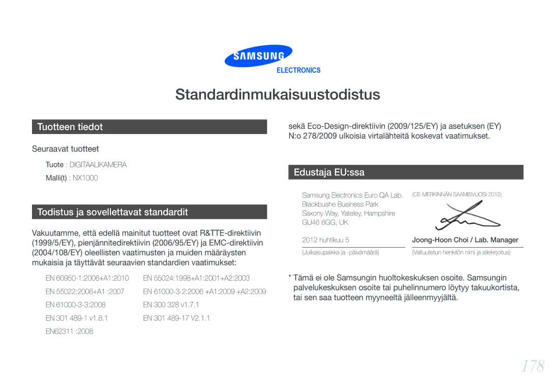 Samsung EV-NX1000BFWSE, EV-NX1000BABDK manual 178, Tuote Digitaalikamera Mallit NX1000, EN 300 328, Blackbushe Business Park 