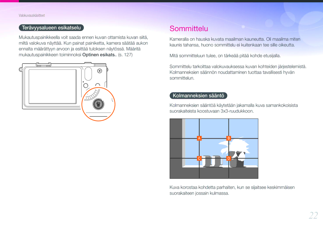 Samsung EV-NX1000BFWSE, EV-NX1000BABDK, EV-NX1000BFWDK, EV-NX1000BABSE manual Terävyysalueen esikatselu, Kolmanneksien sääntö 