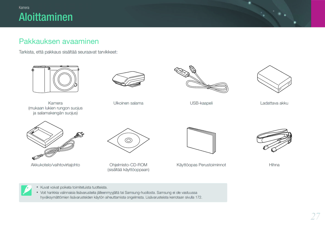 Samsung EV-NX1000BABDK manual Aloittaminen, Pakkauksen avaaminen, Tarkista, että pakkaus sisältää seuraavat tarvikkeet 