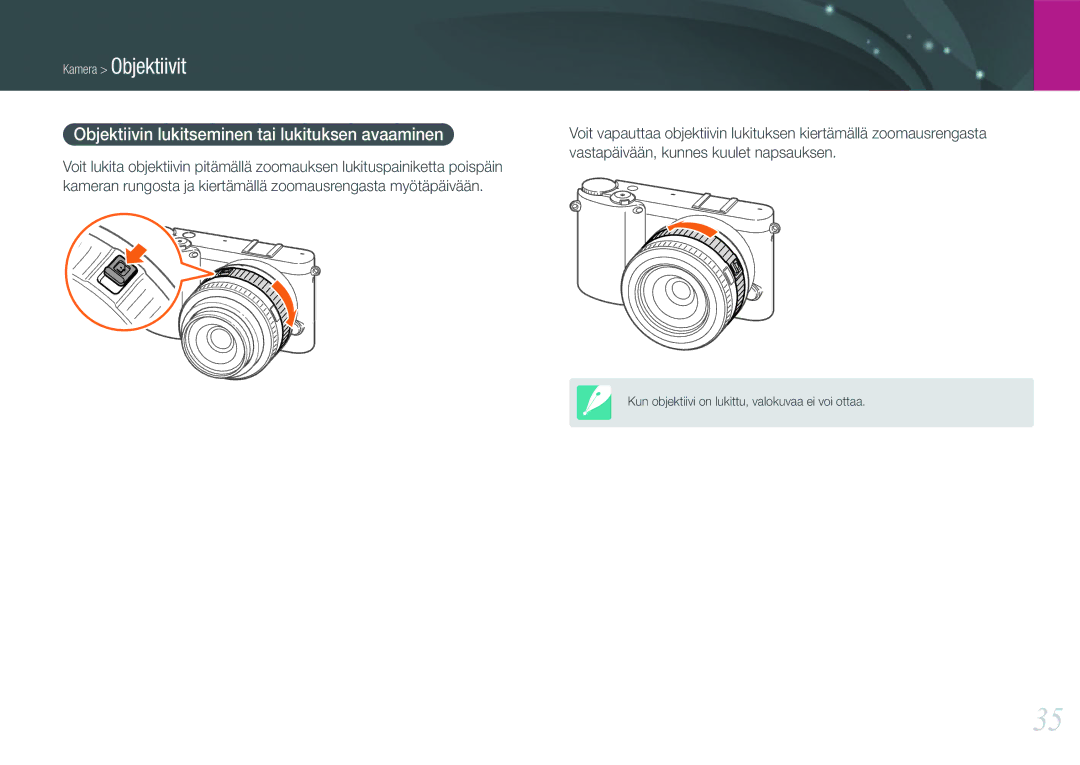 Samsung EV-NX1000BABDK, EV-NX1000BFWDK, EV-NX1000BABSE manual Kamera Objektiivit, Vastapäivään, kunnes kuulet napsauksen 