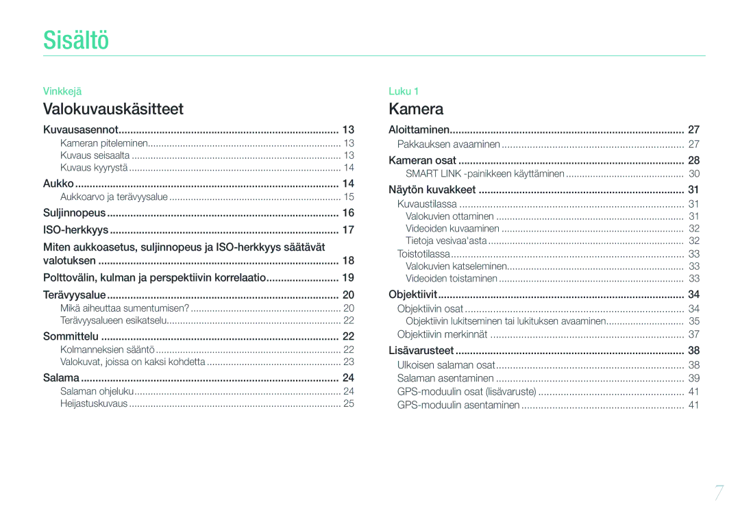 Samsung EV-NX1000BABDK, EV-NX1000BFWDK, EV-NX1000BABSE, EV-NX1000BFWSE manual Sisältö, Valokuvauskäsitteet 