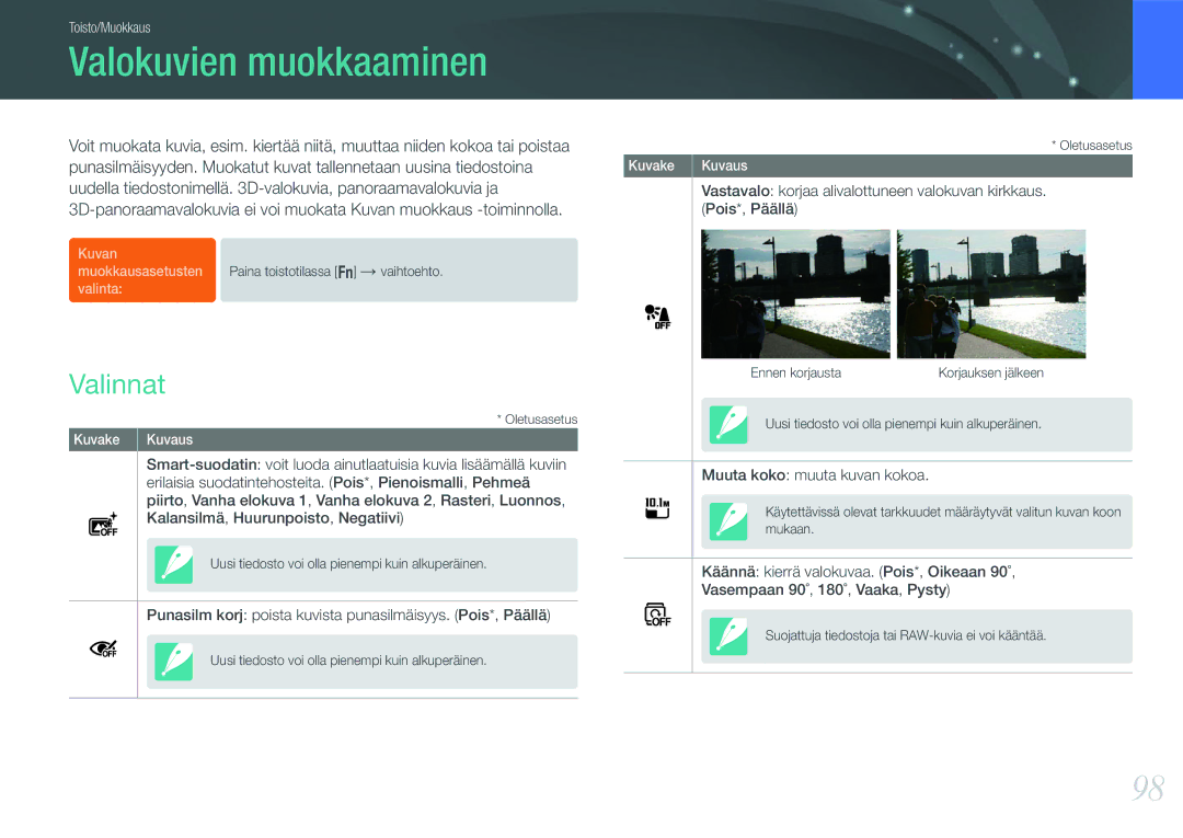 Samsung EV-NX1000BFWSE manual Valokuvien muokkaaminen, Valinnat, Uudella tiedostonimellä D-valokuvia, panoraamavalokuvia ja 