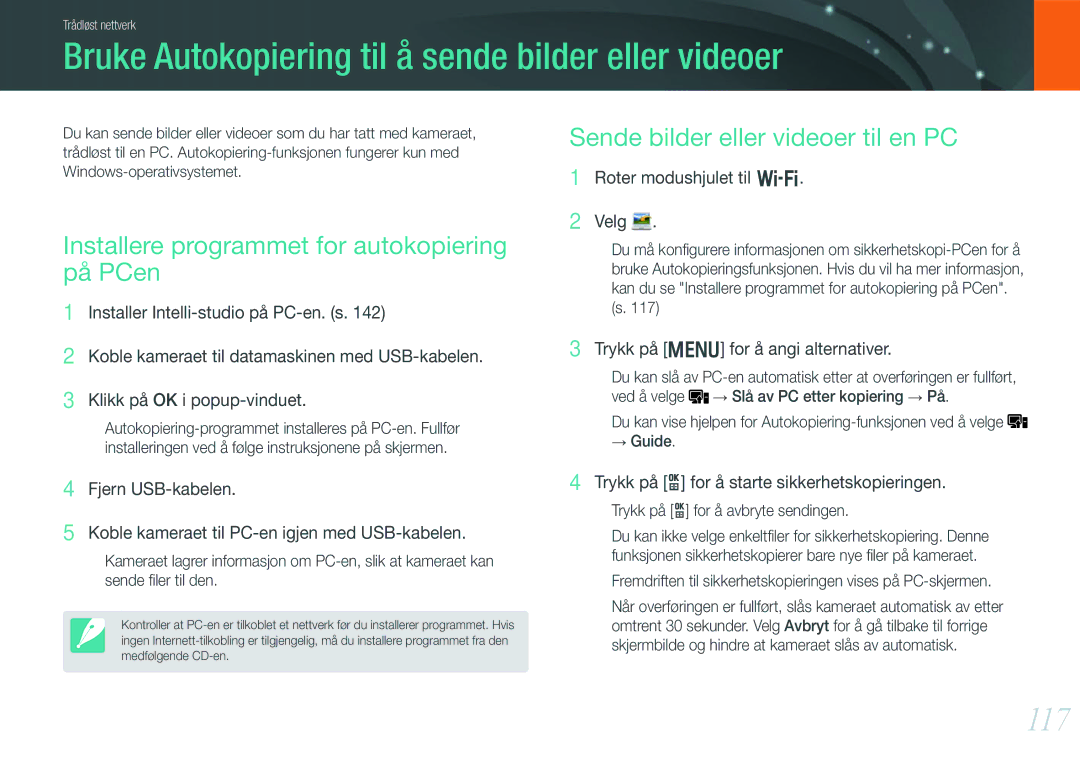 Samsung EV-NX1000BABSE Bruke Autokopiering til å sende bilder eller videoer, 117, Sende bilder eller videoer til en PC 