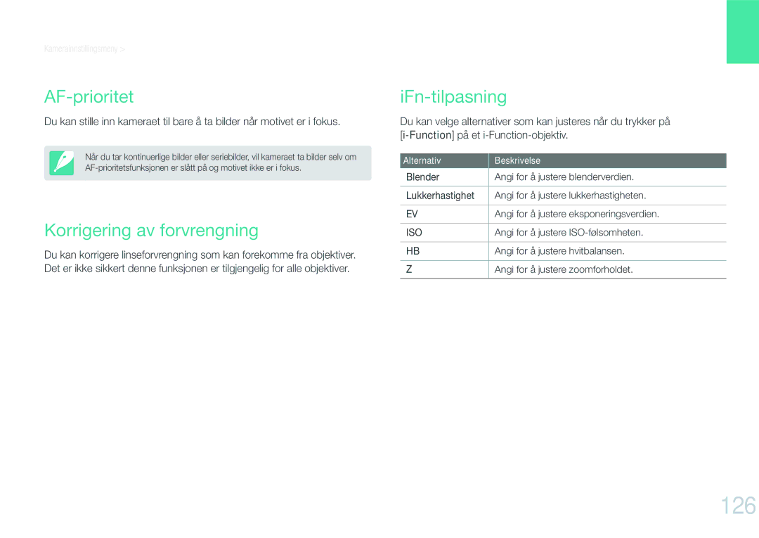 Samsung EV-NX1000BFWSE, EV-NX1000BABDK, EV-NX1000BFWDK manual 126, AF-prioritet, Korrigering av forvrengning, IFn-tilpasning 