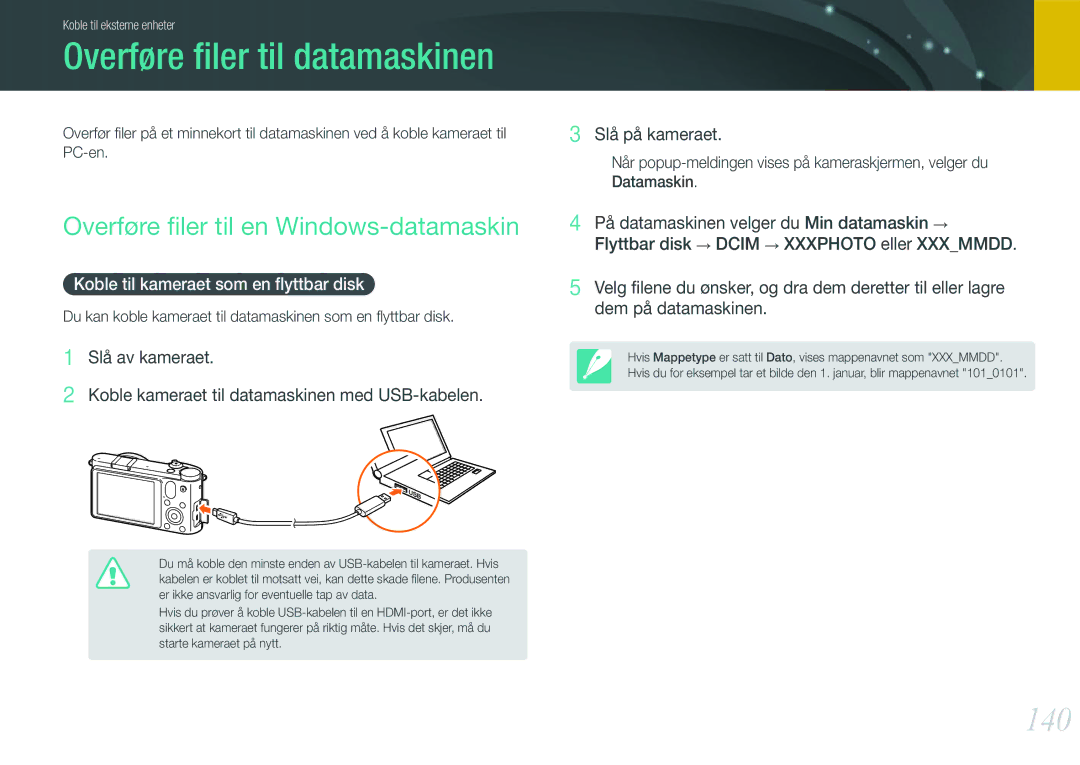 Samsung EV-NX1000BFWDK, EV-NX1000BABDK manual Overføre ﬁler til datamaskinen, 140, Overføre ﬁler til en Windows-datamaskin 
