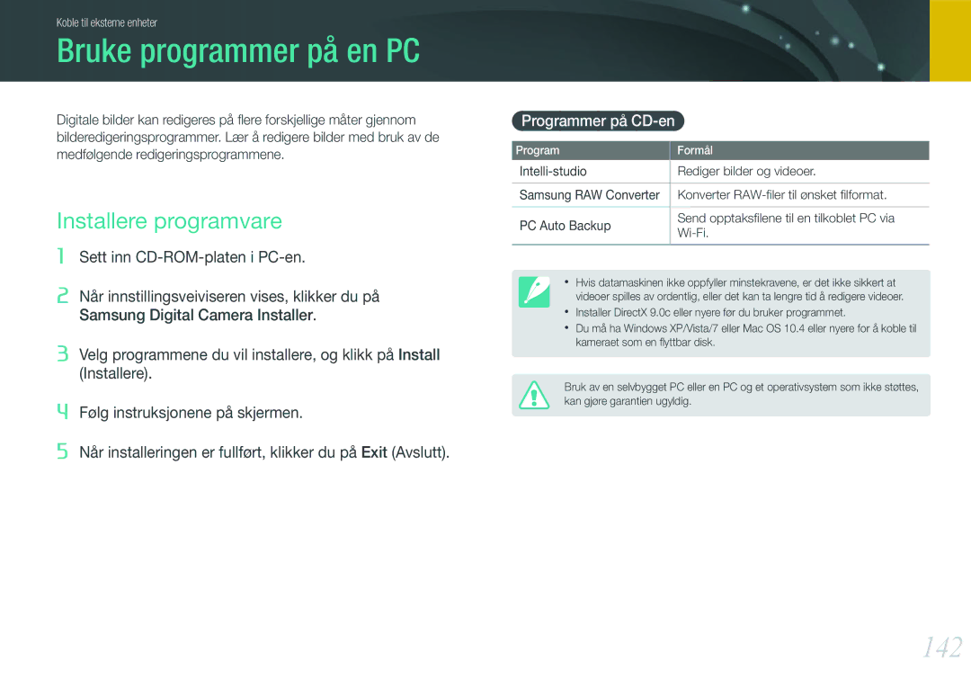 Samsung EV-NX1000BFWSE, EV-NX1000BABDK manual Bruke programmer på en PC, 142, Installere programvare, Programmer på CD-en 