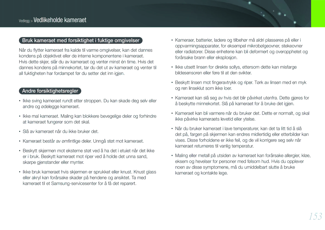 Samsung EV-NX1000BABSE, EV-NX1000BABDK 153, Bruk kameraet med forsiktighet i fuktige omgivelser, Andre forsiktighetsregler 