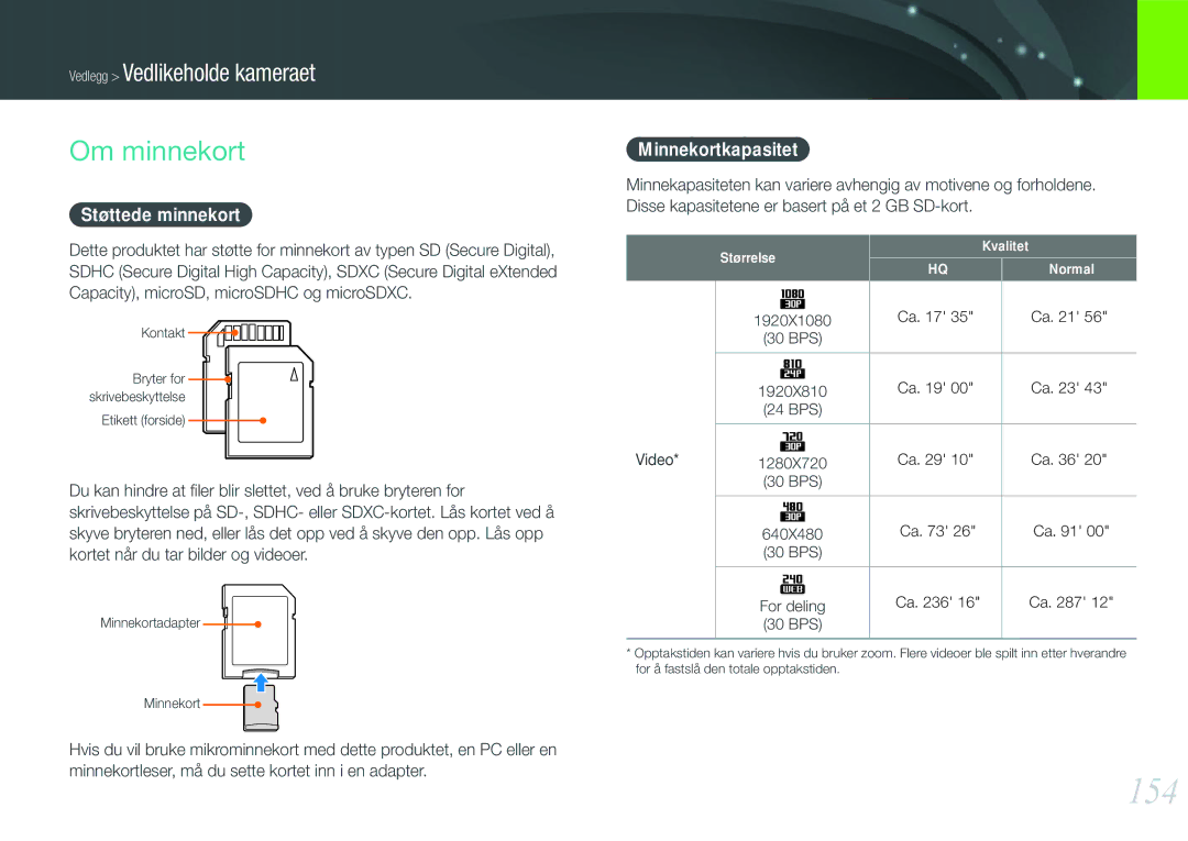 Samsung EV-NX1000BFWSE, EV-NX1000BABDK, EV-NX1000BFWDK manual 154, Om minnekort, Støttede minnekort, Minnekortkapasitet 