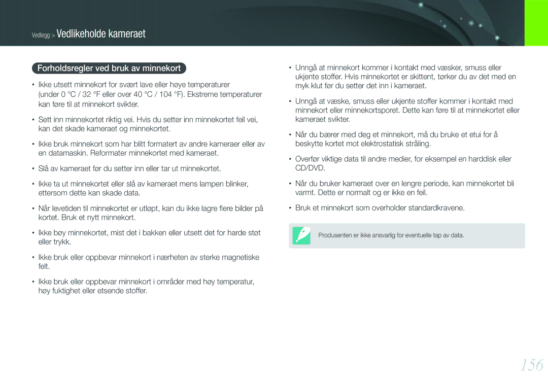 Samsung EV-NX1000BFWDK, EV-NX1000BABDK, EV-NX1000BABSE, EV-NX1000BFWSE manual 156, Forholdsregler ved bruk av minnekort 