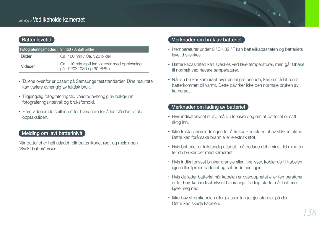 Samsung EV-NX1000BFWSE, EV-NX1000BABDK 158, Batterilevetid, Melding om lavt batterinivå, Merknader om bruk av batteriet 