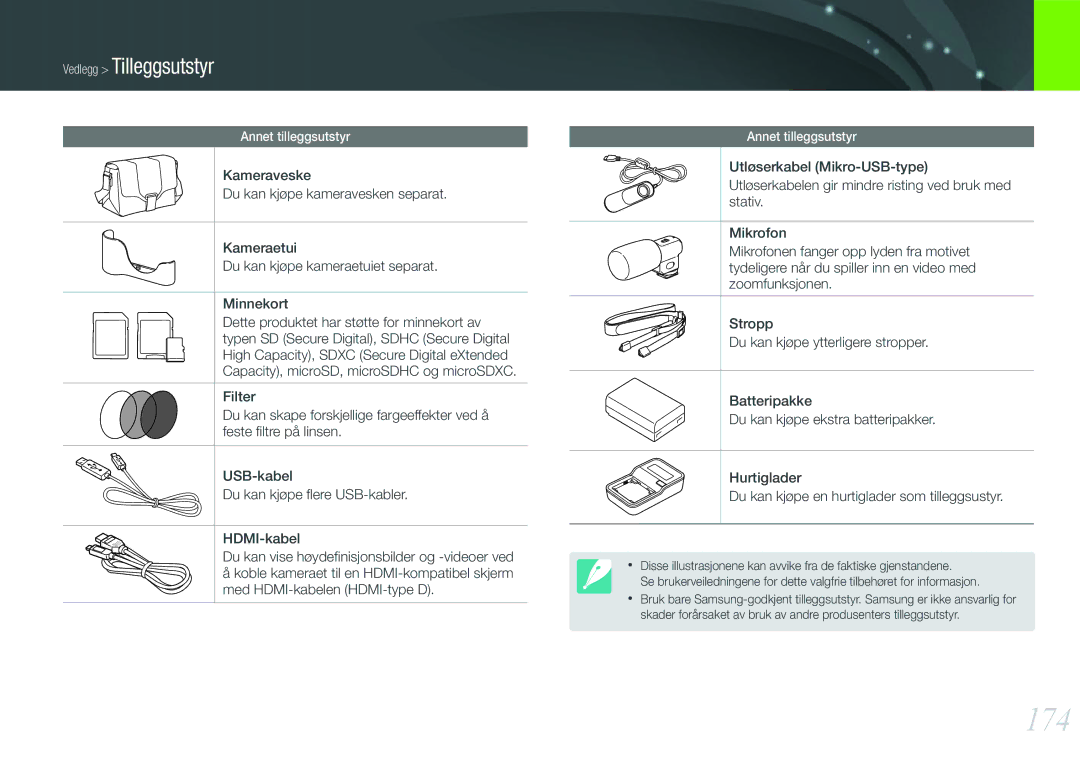 Samsung EV-NX1000BFWSE, EV-NX1000BABDK, EV-NX1000BFWDK, EV-NX1000BABSE manual 174, Vedlegg Tilleggsutstyr 