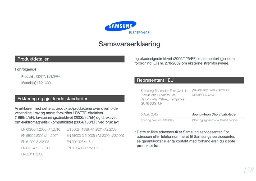 Samsung EV-NX1000BFWSE, EV-NX1000BABDK, EV-NX1000BFWDK, EV-NX1000BABSE manual 178, Samsvarserklæring 